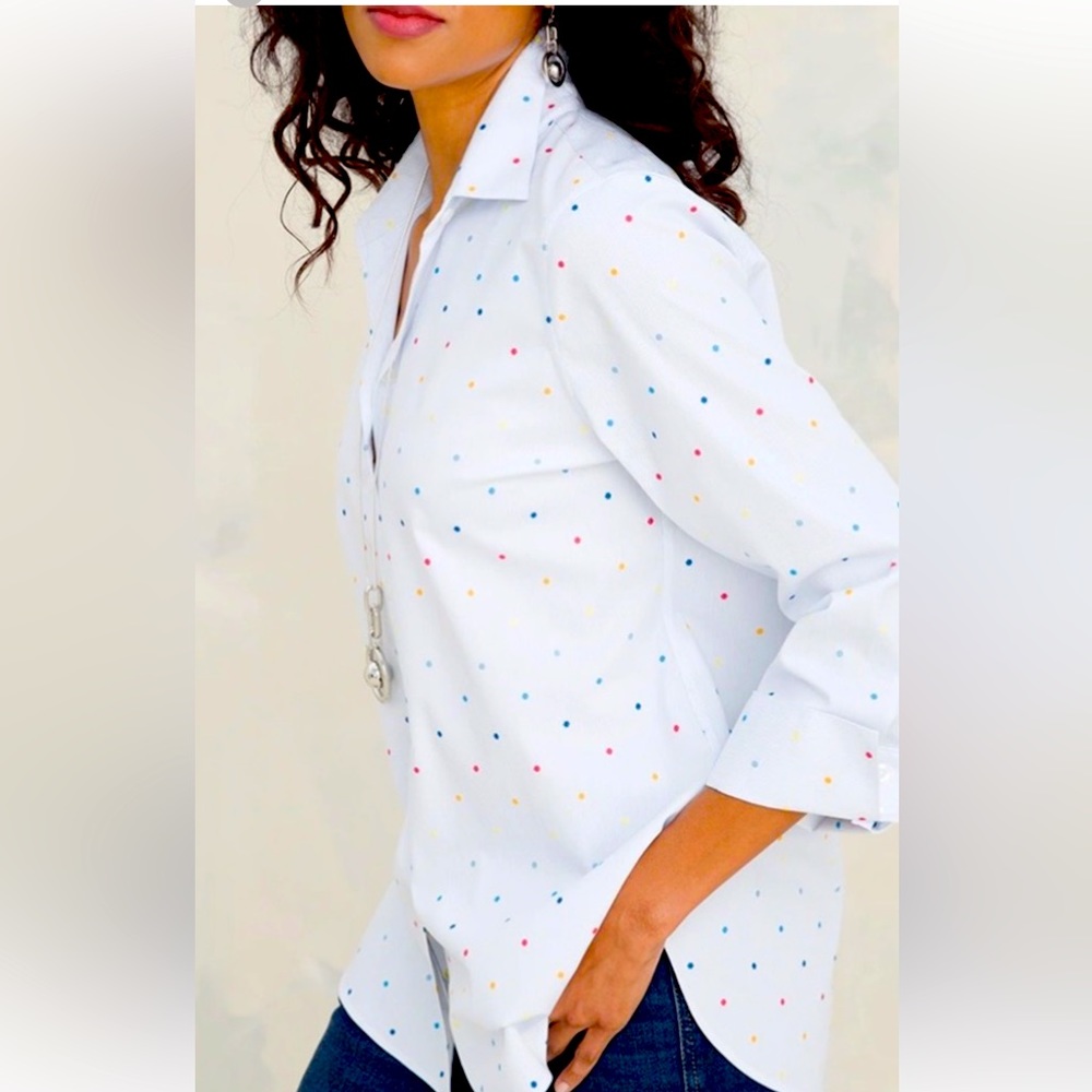 CHICOS NO-IRON Stretch rainbow polka Dot-Print Shirt SIZE 3 XL 16/18